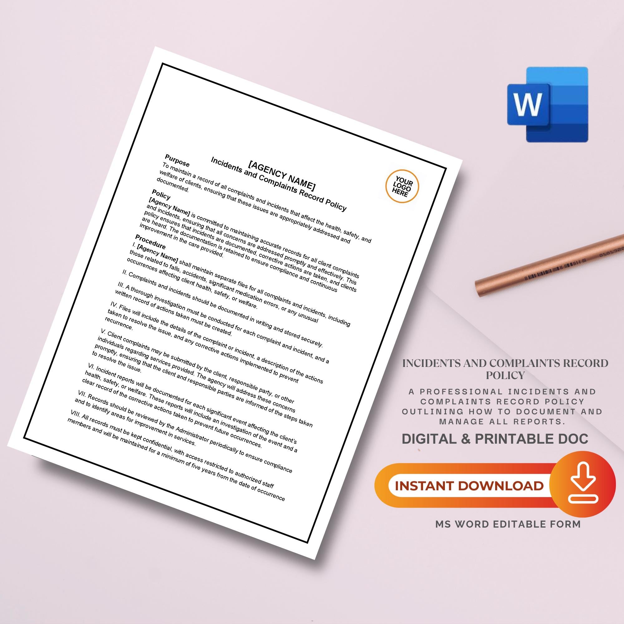 Incidents & Complaints Policy, Home Care Record Template, Editable Agency Document