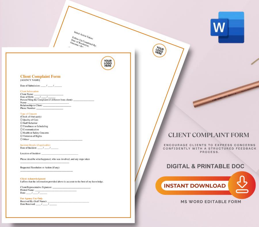 Client Complaint Form Template, Editable Word Business Feedback Form, Customer Service Report, Digital Download