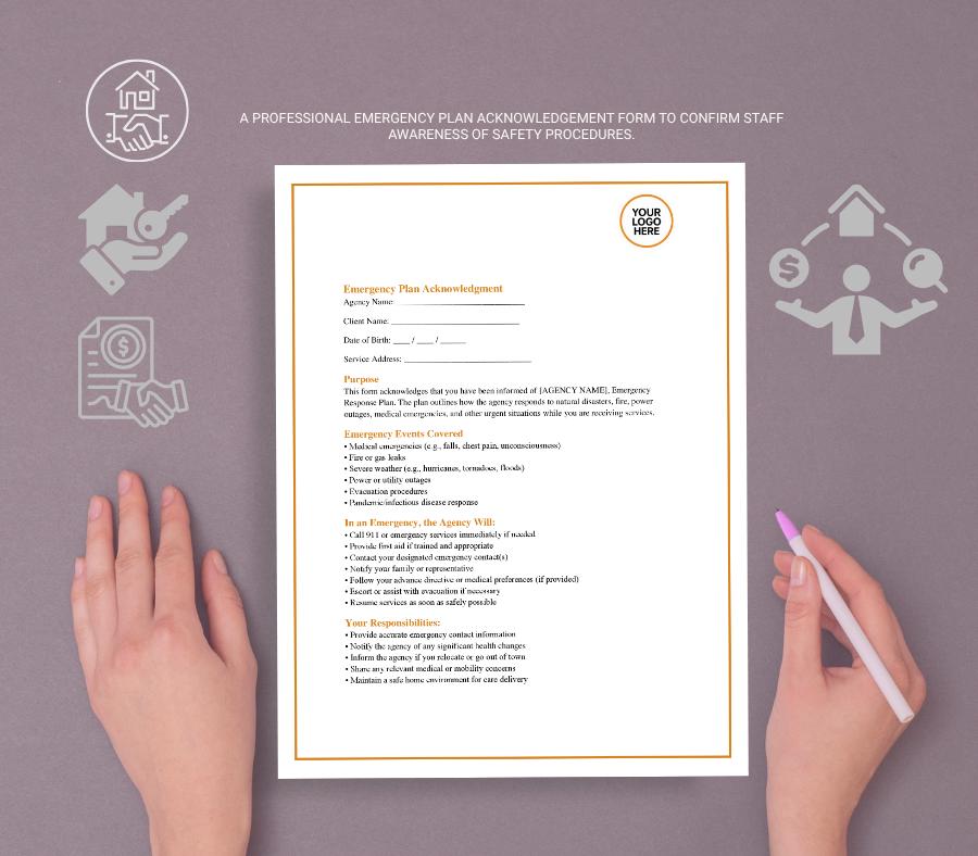 Emergency Plan Acknowledgement Form, Editable Word Safety Policy Template, Staff & Client Emergency Procedure Confirmation