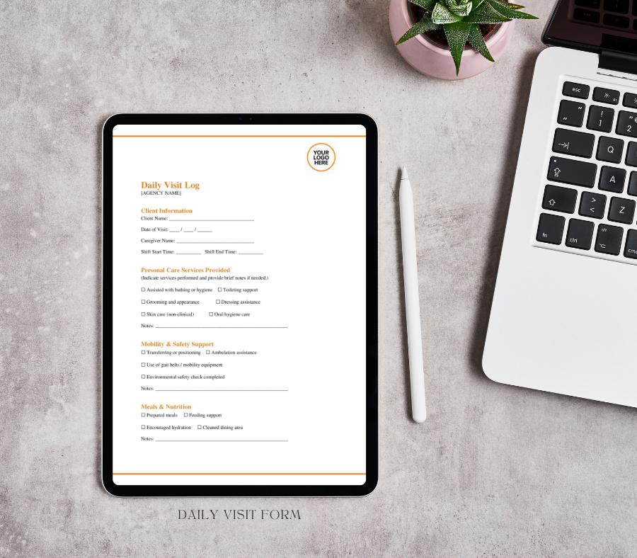 Daily Visit Log Template, Caregiver Record Sheet (PDF) Editable, Home Care Agency Forms