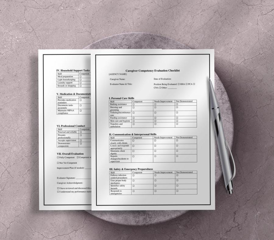 Caregiver Competency Evaluation Form Editable , Home Care Business Template (Digital Download)