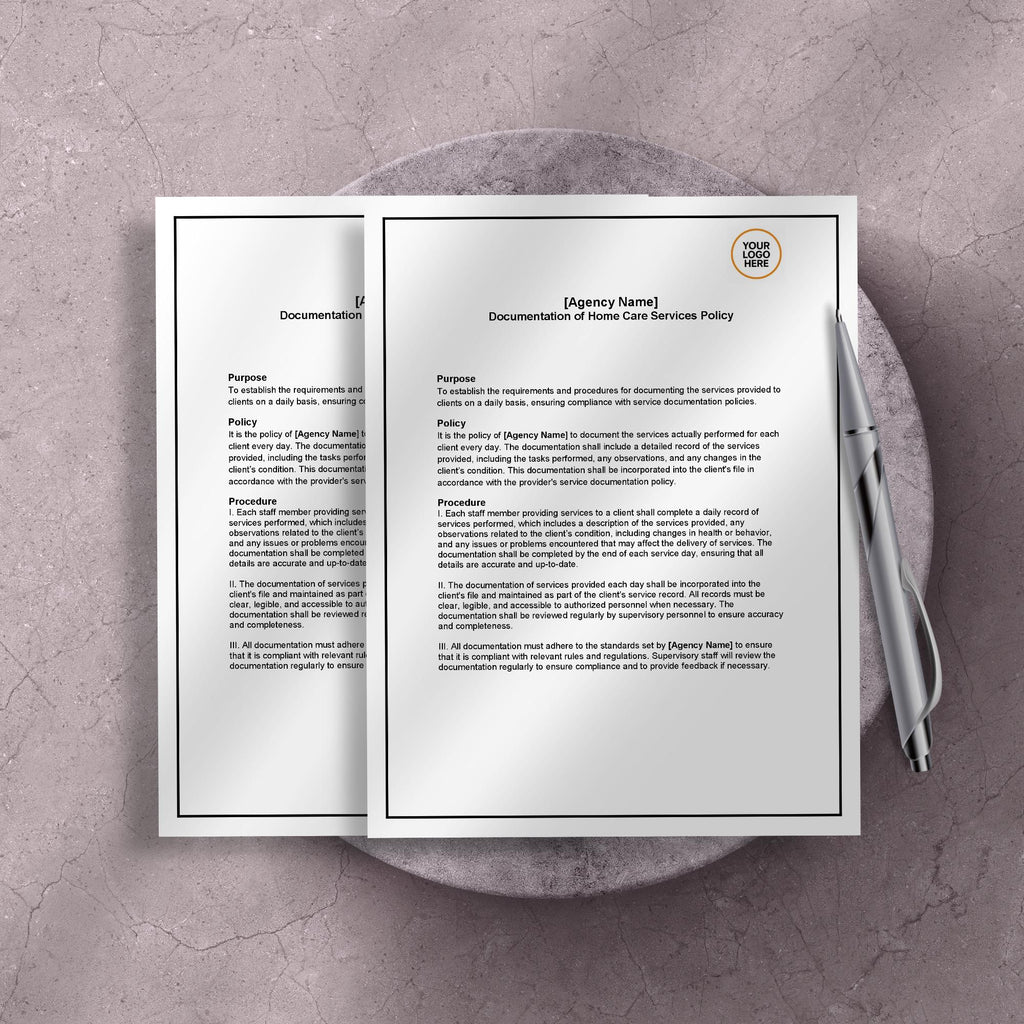 Home Care Documentation Policy, Service Records Template, Editable Agency Compliance Form