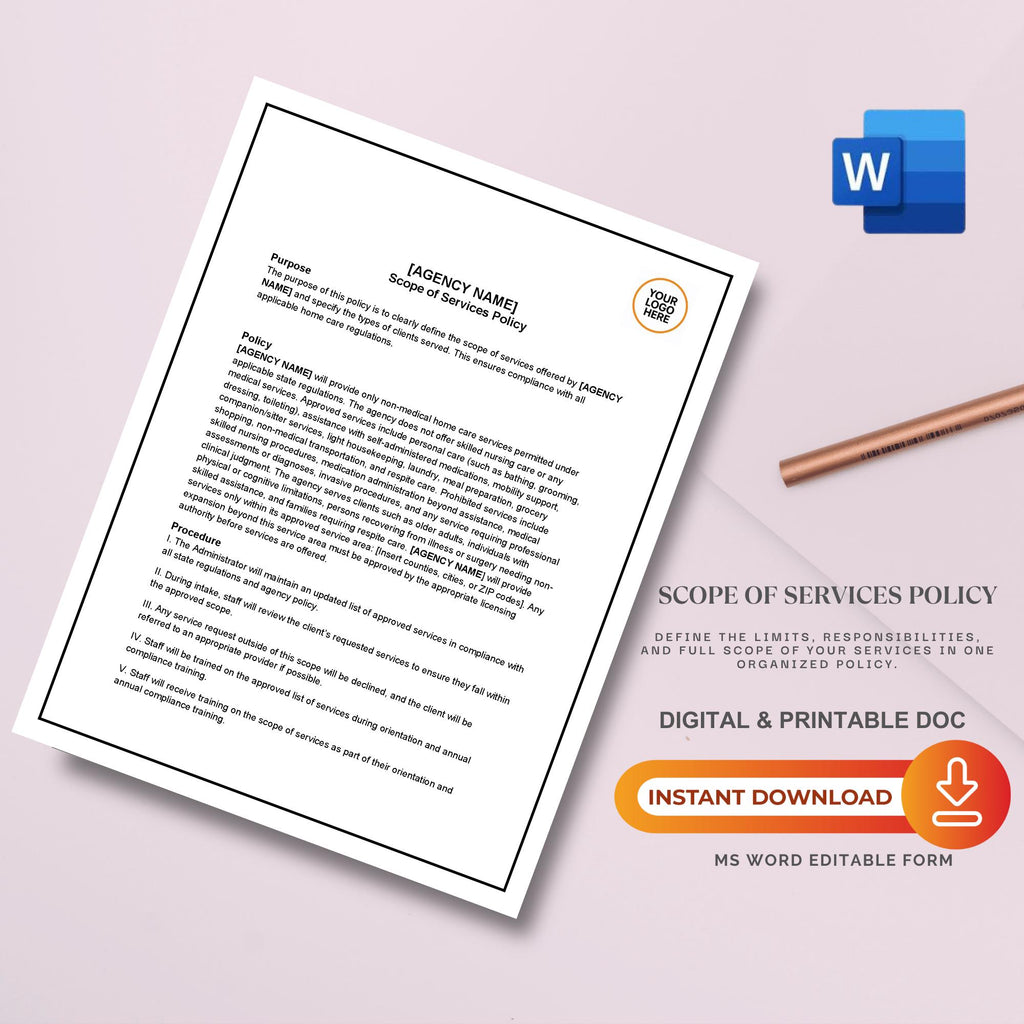 Scope of Services Policy, Editable Home Care Policy Template, Agency Compliance Form