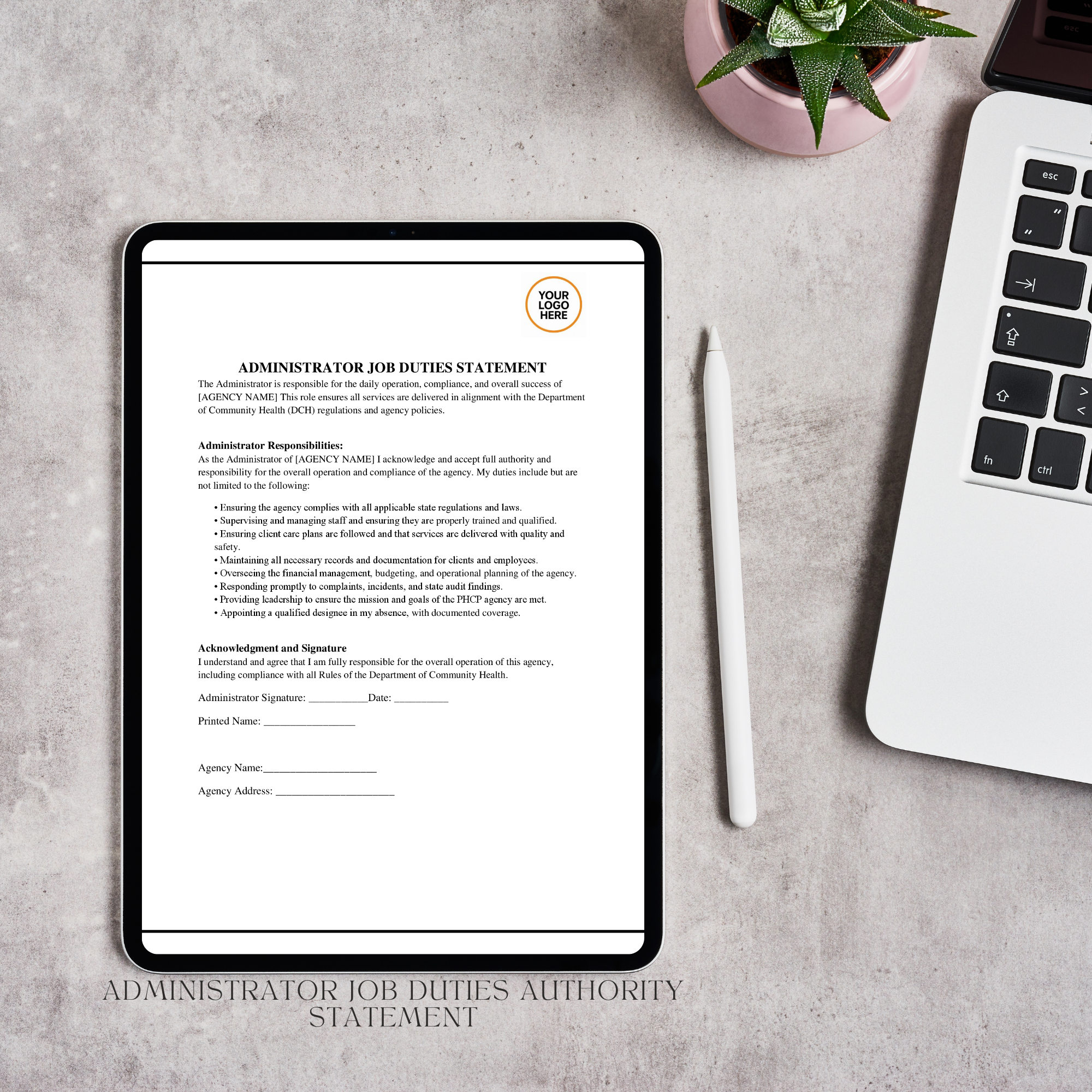 Administrator Job Duties Authority Statement | Editable Microsoft Word Document