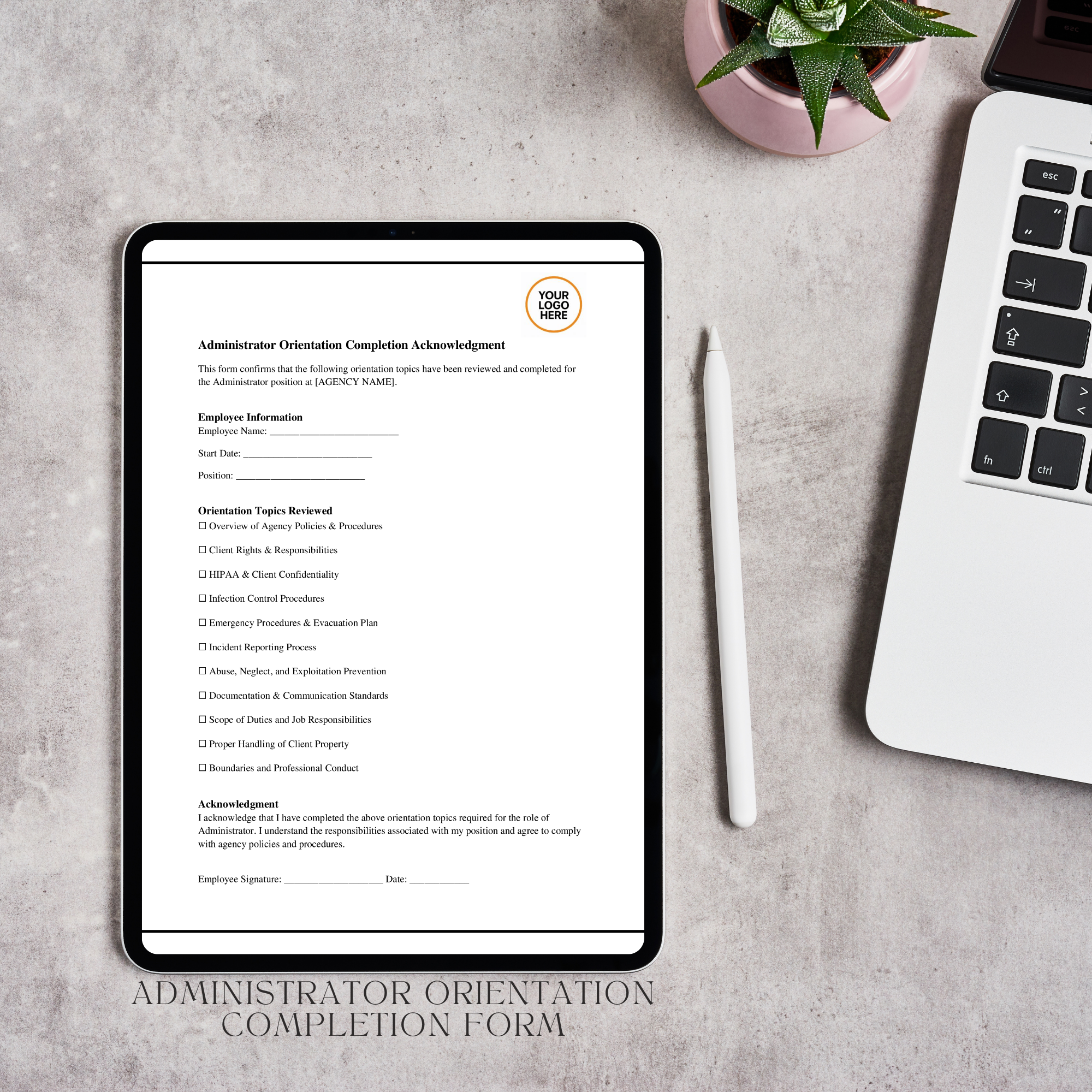 Administrator Orientation Completion Form | Editable Microsoft Word Document