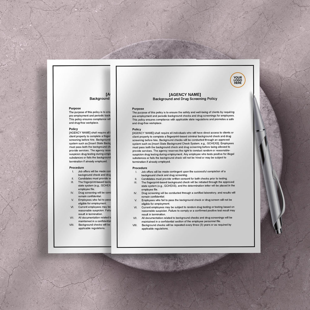 Background & Drug Screening Policy, Home Care HR Template, Editable Compliance Form