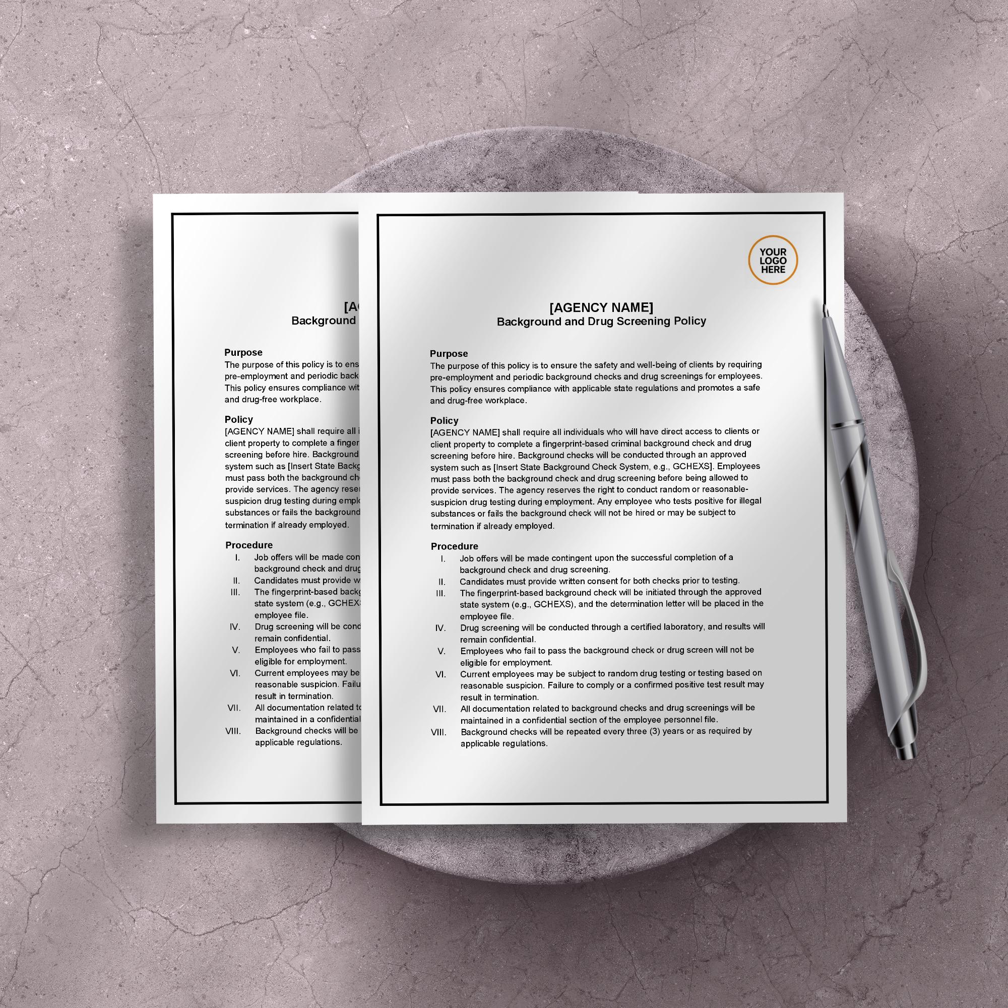 Background & Drug Screening Policy, Home Care HR Template, Editable Compliance Form