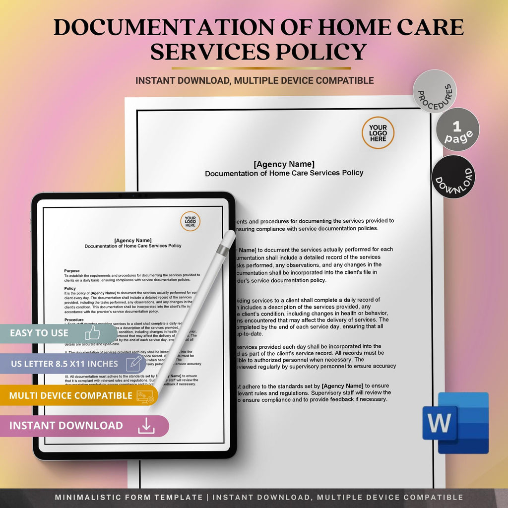 Home Care Documentation Policy, Service Records Template, Editable Agency Compliance Form