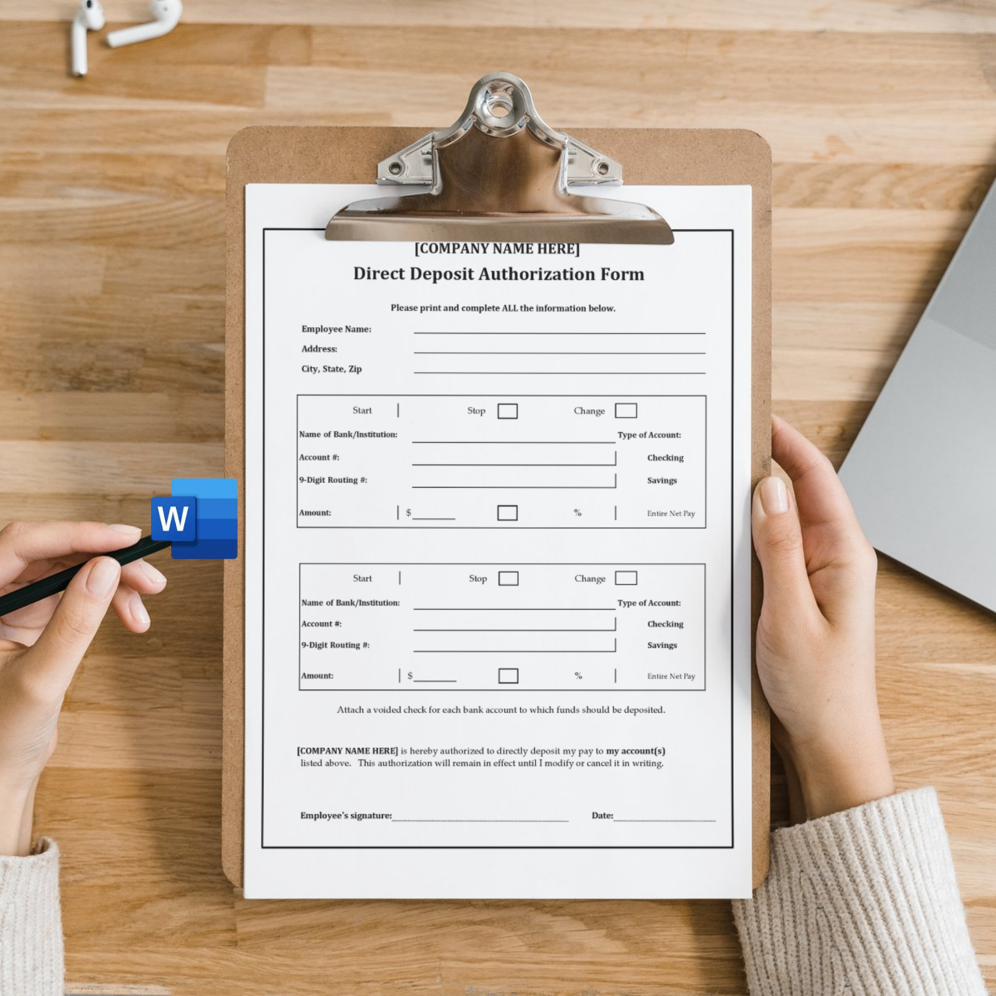 Direct Deposit Form Template | Editable Microsoft Word Document for Payroll