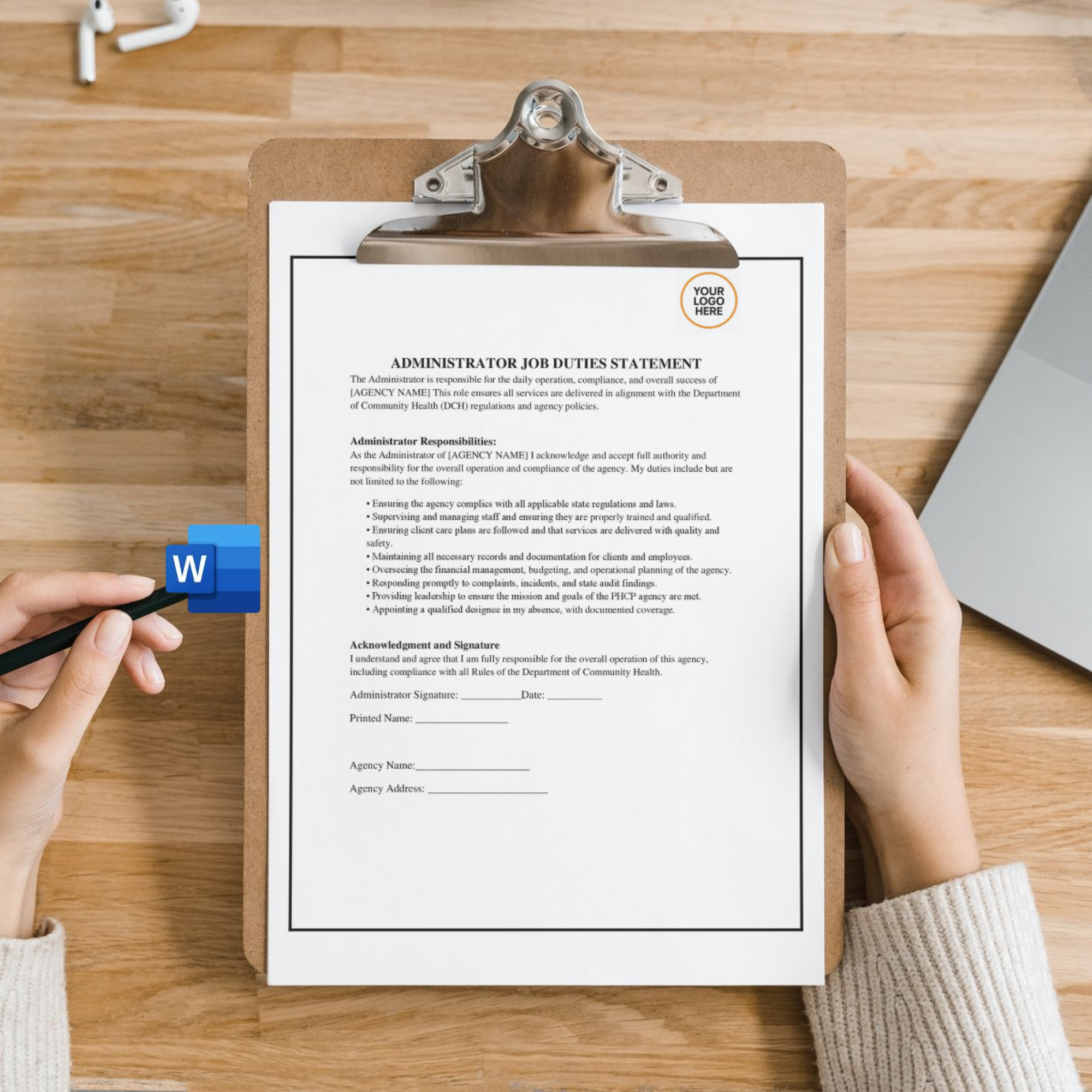 Administrator Job Duties Authority Statement | Editable Microsoft Word Document