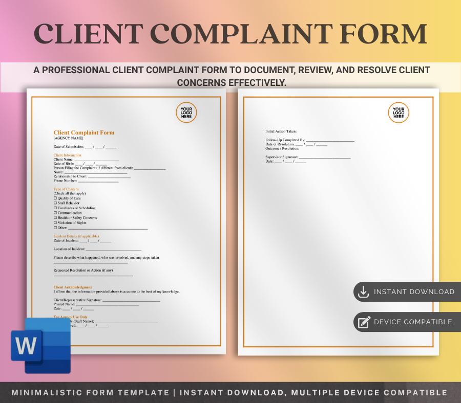 Client Complaint Form Template, Editable Word Business Feedback Form, Customer Service Report, Digital Download