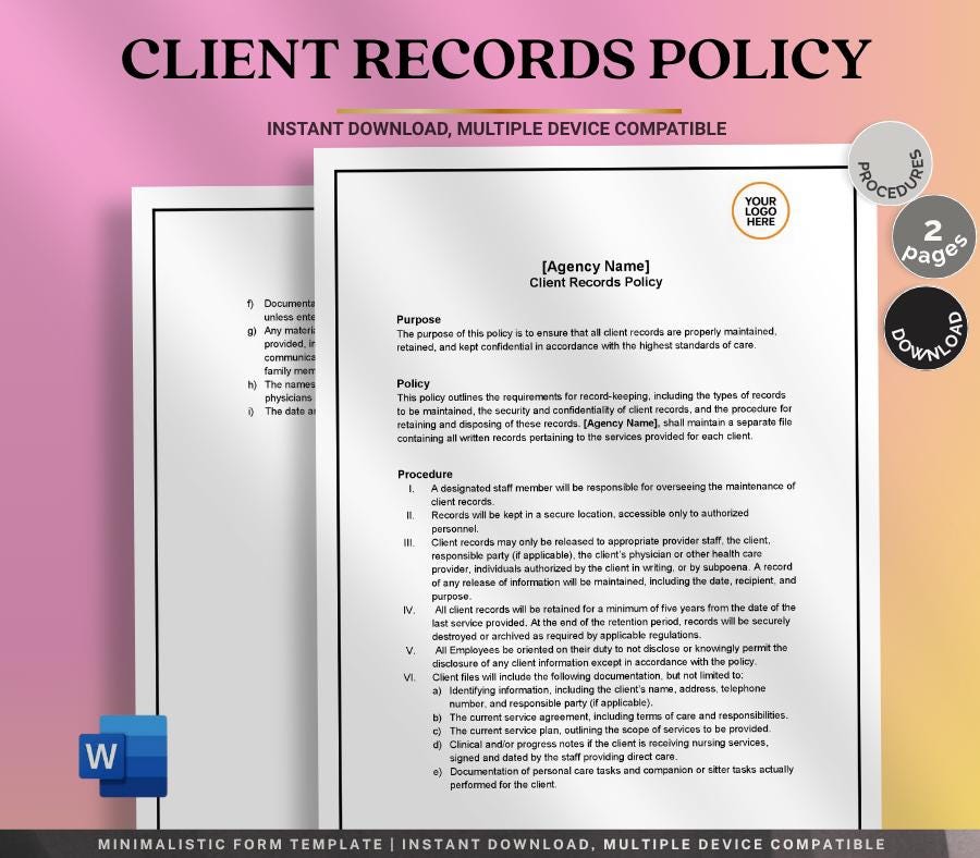 Client Records Policy Template, Editable Word Documentation Policy, Care Agency Recordkeeping Form, Digital Download