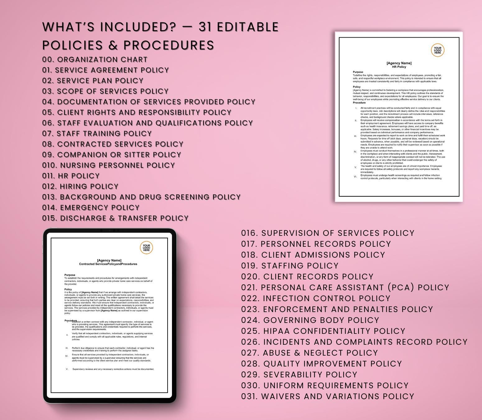 Policies and Procedures, Editable  Non-Medical Home Health Agency Templates PDF DOCX