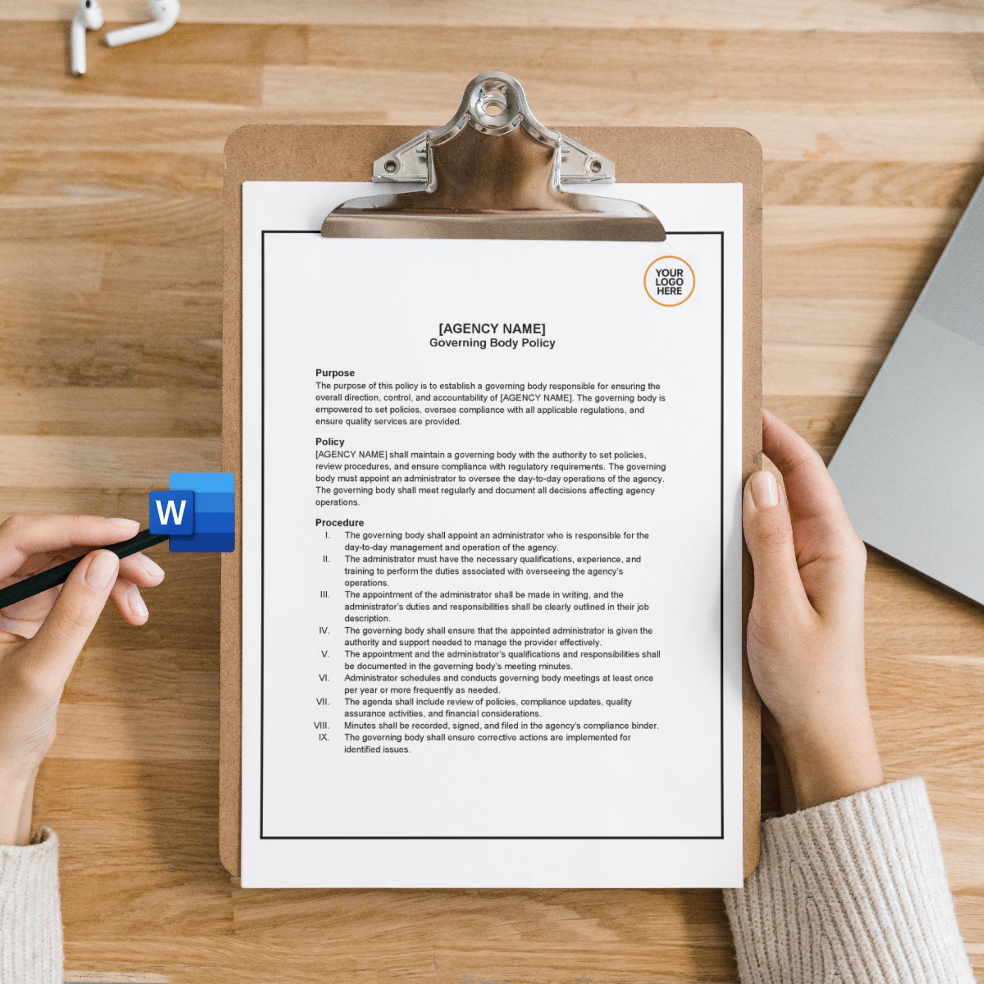 Governing Body Policy, Home Care Agency Governance Template, Editable Compliance Document