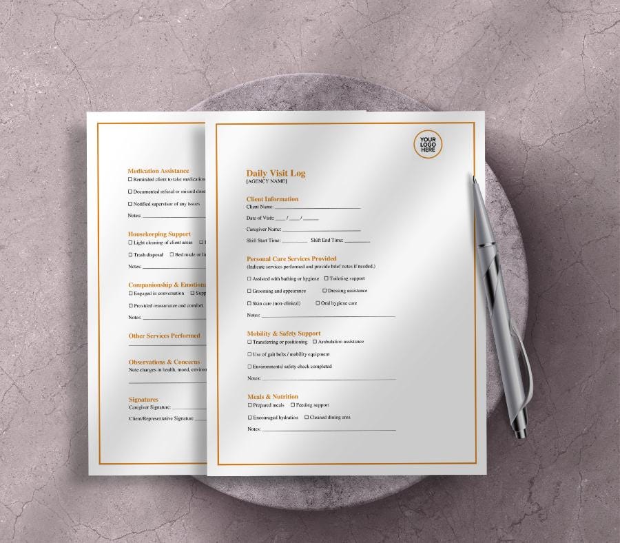 Daily Visit Log Template, Caregiver Record Sheet (PDF) Editable, Home Care Agency Forms