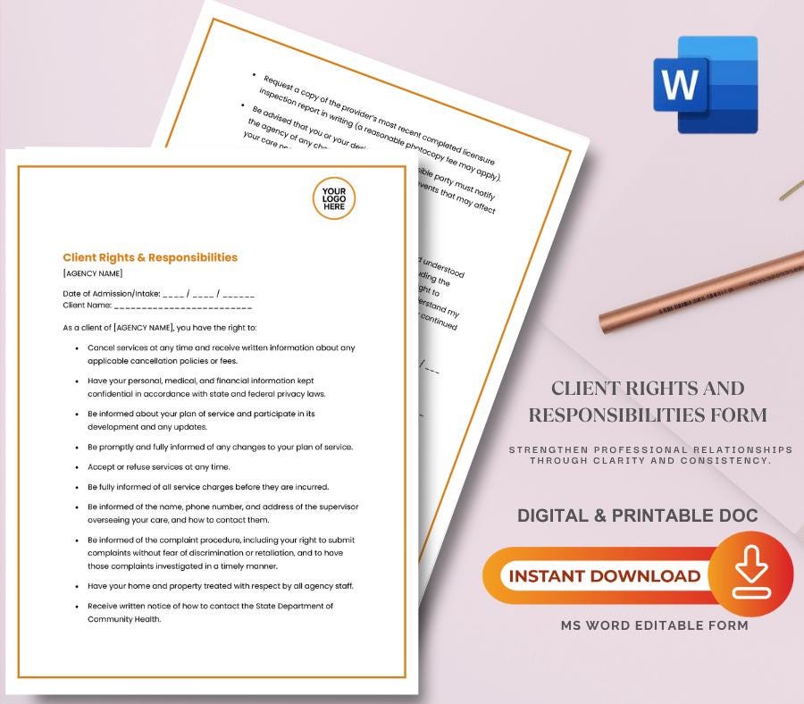 Client Rights and Responsibilities Form, Editable Home Care Business Template (Digital Download)