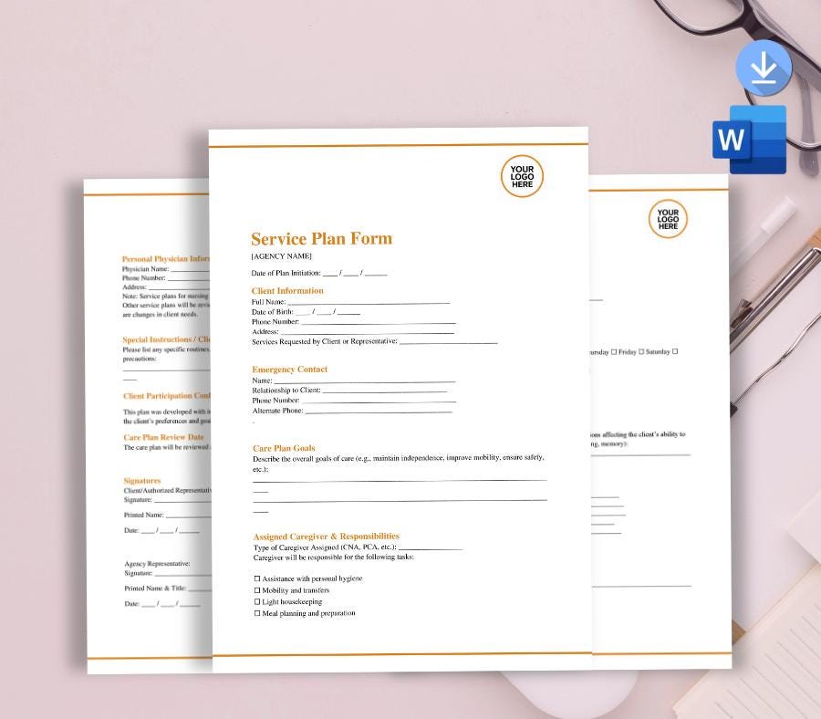 Service Plan Form Editable  Non-Medical Home Care Client Care Template (Word + PDF)