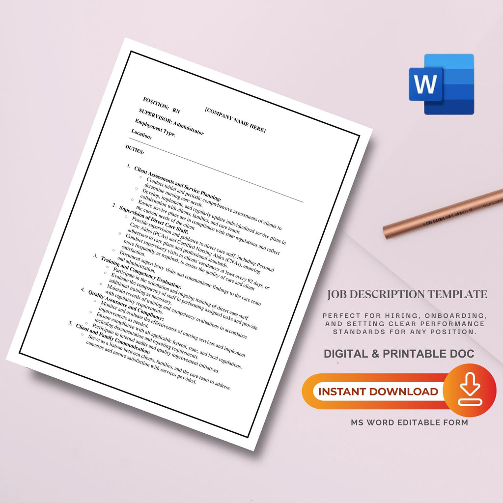RN Job Description Template, Editable Home Care Staff Role Form, Agency HR Document