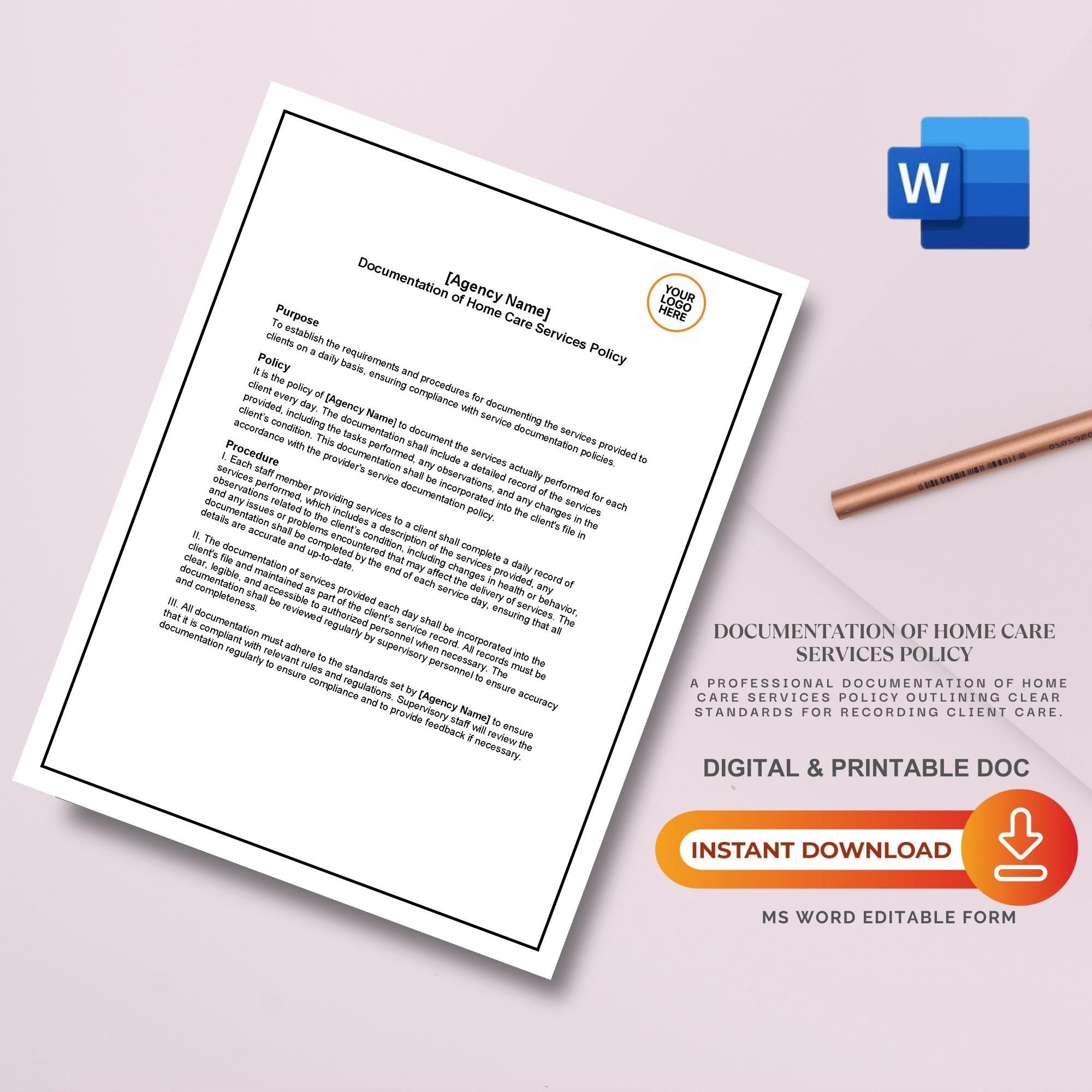 Home Care Documentation Policy, Service Records Template, Editable Agency Compliance Form