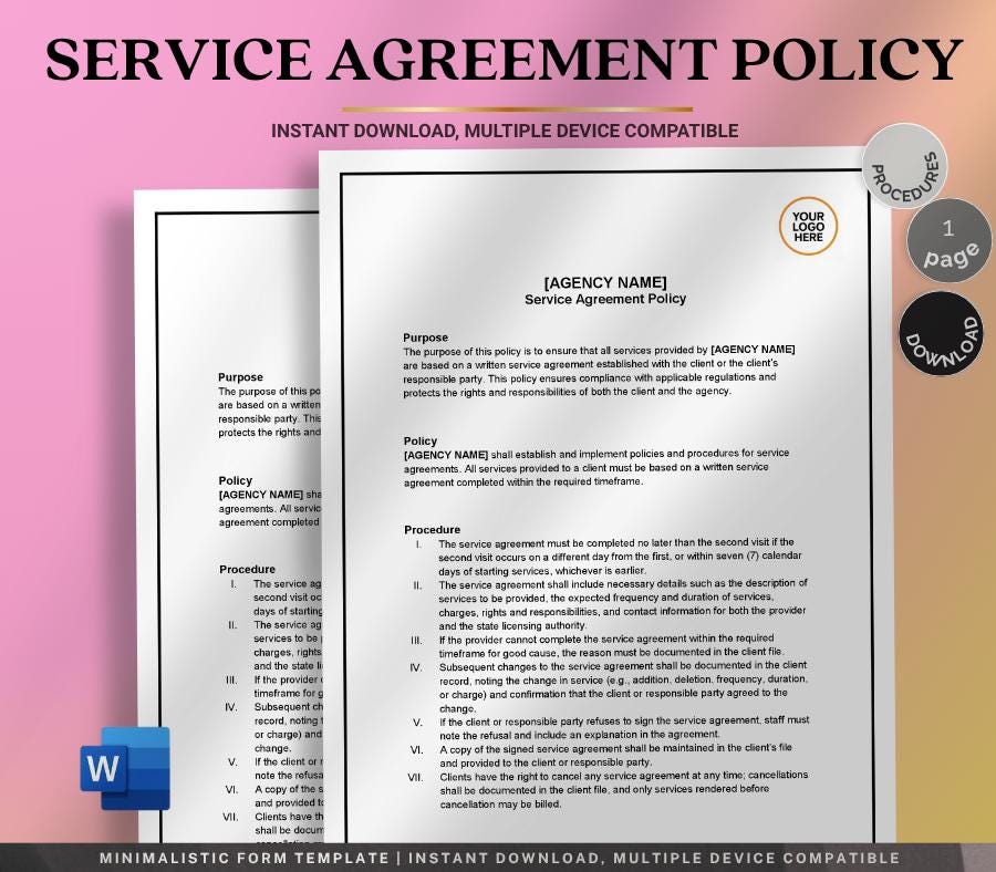 Service Agreement Policy Template, Editable Word Business Contract, Client Terms & Conditions Form, Digital Download