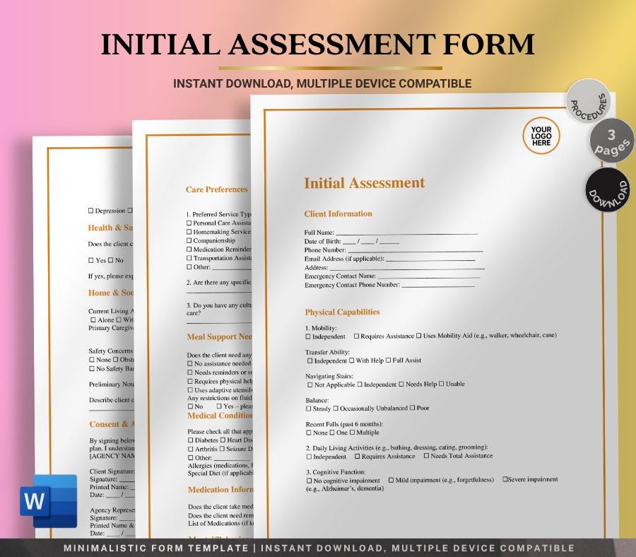 Client Initial Assessment Form, Editable Home Care Intake (Digital Download)