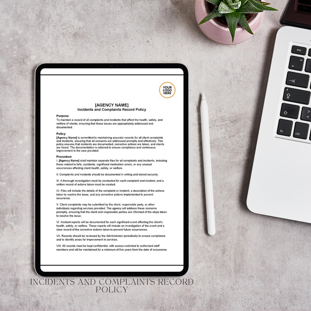 Incidents & Complaints Policy, Home Care Record Template, Editable Agency Document