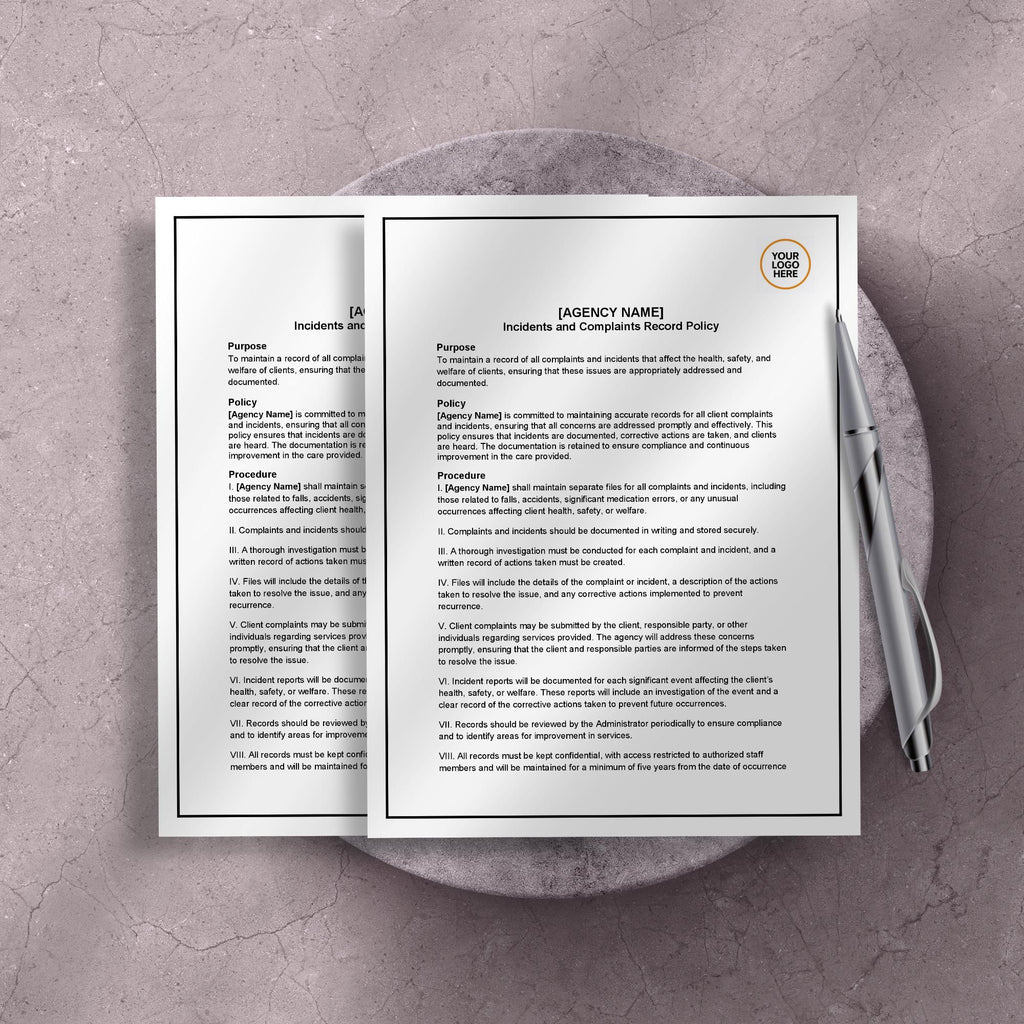 Incidents & Complaints Policy, Home Care Record Template, Editable Agency Document