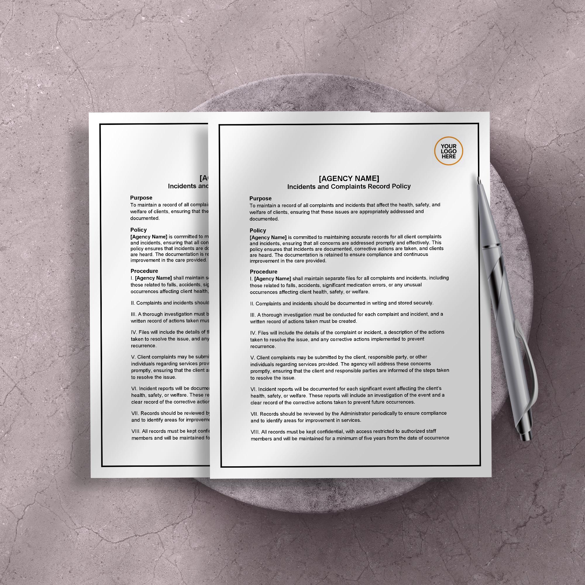Incidents & Complaints Policy, Home Care Record Template, Editable Agency Document