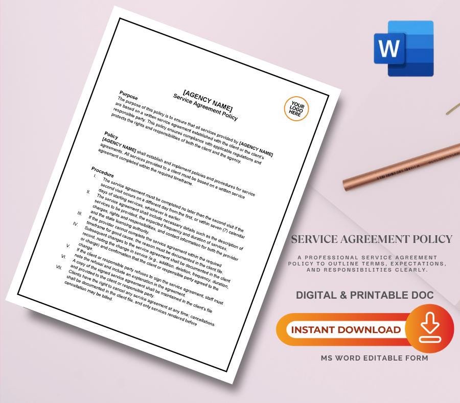 Service Agreement Policy Template, Editable Word Business Contract, Client Terms & Conditions Form, Digital Download