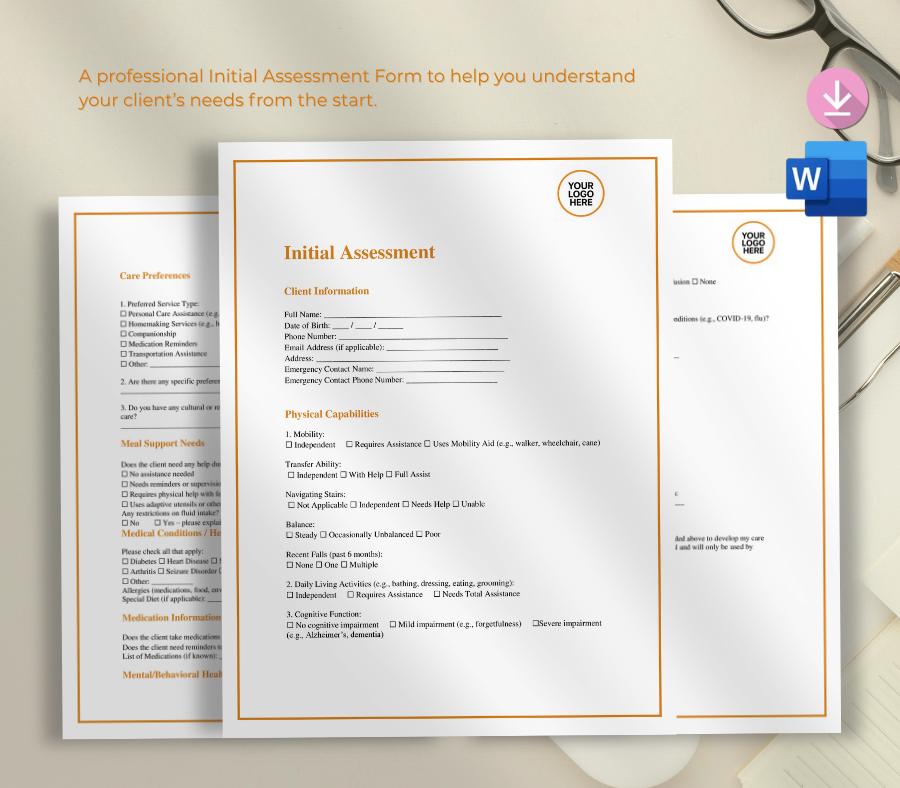 Client Initial Assessment Form, Editable Home Care Intake (Digital Download)