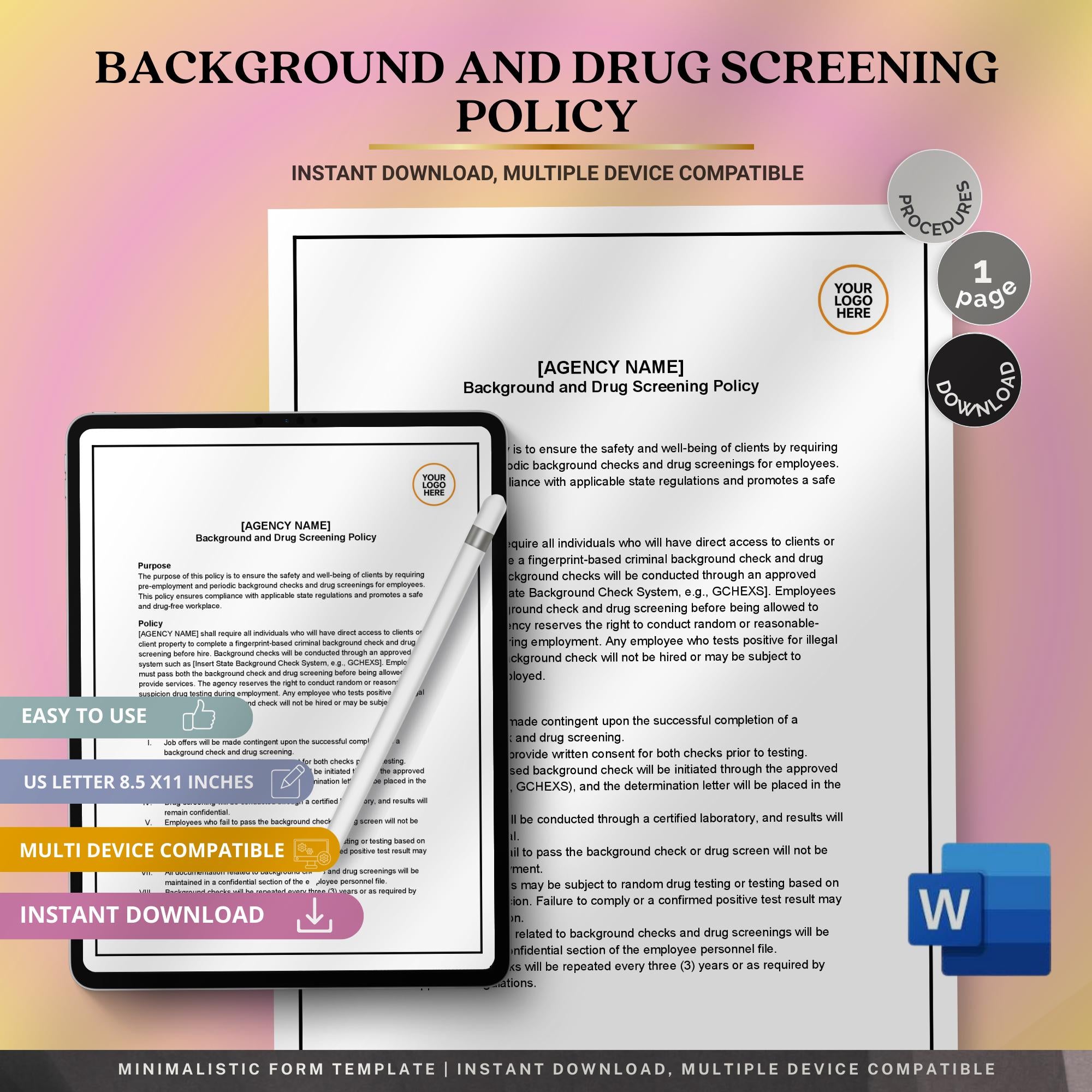 Background & Drug Screening Policy, Home Care HR Template, Editable Compliance Form