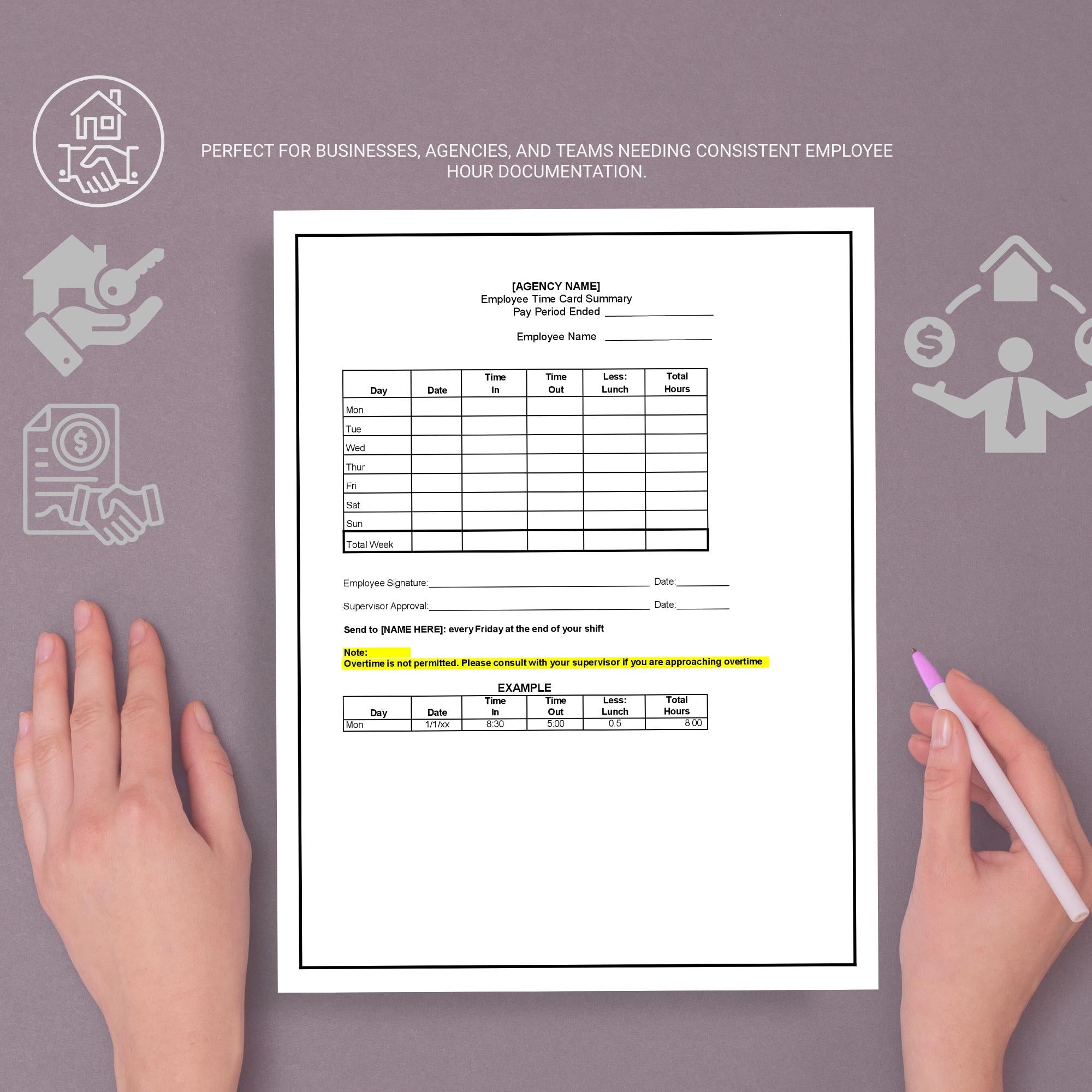 Employee Time Sheet Form, Home Care Staff Hours Template, Editable Work Log