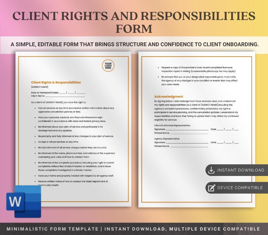 Client Rights and Responsibilities Form, Editable Home Care Business Template (Digital Download)