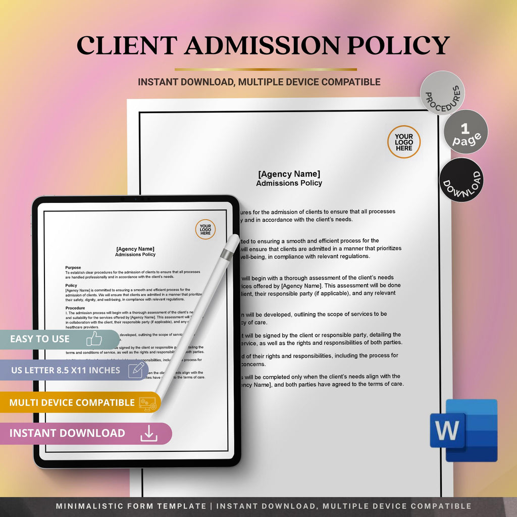 Client Admissions Policy, Home Care Admission Template, Editable Agency Compliance Form