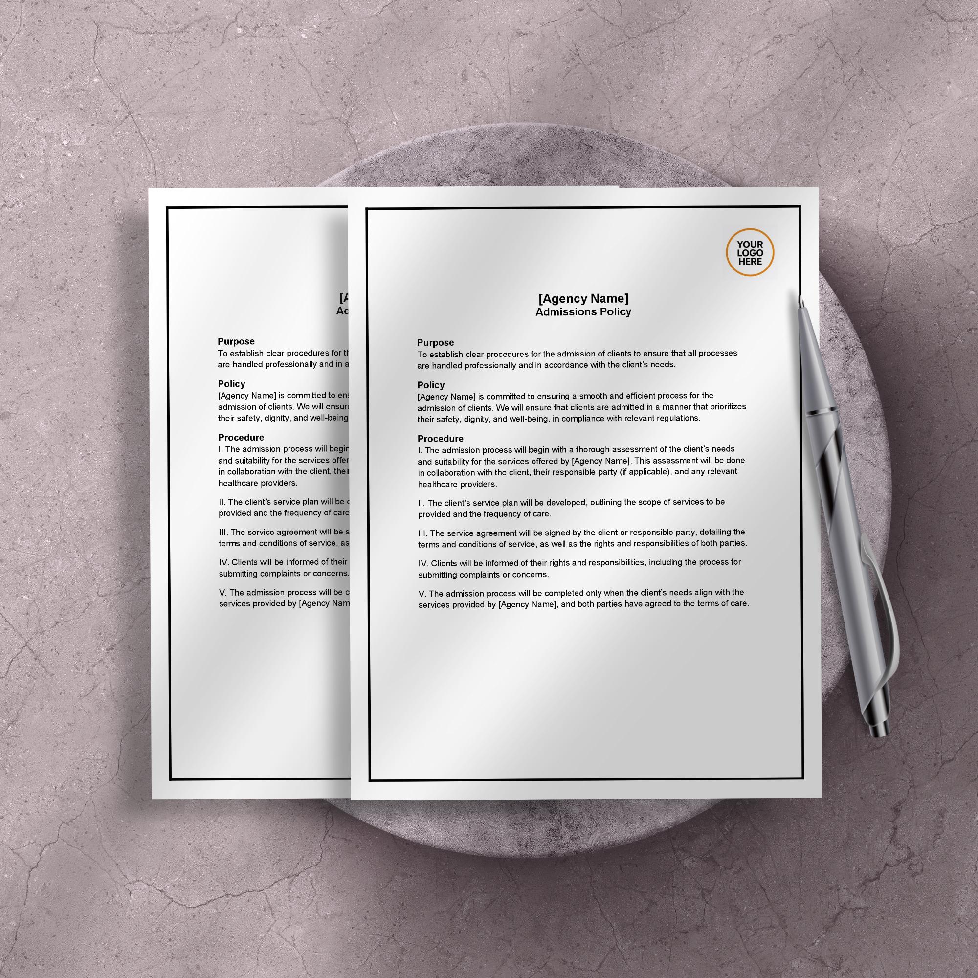 Client Admissions Policy, Home Care Admission Template, Editable Agency Compliance Form