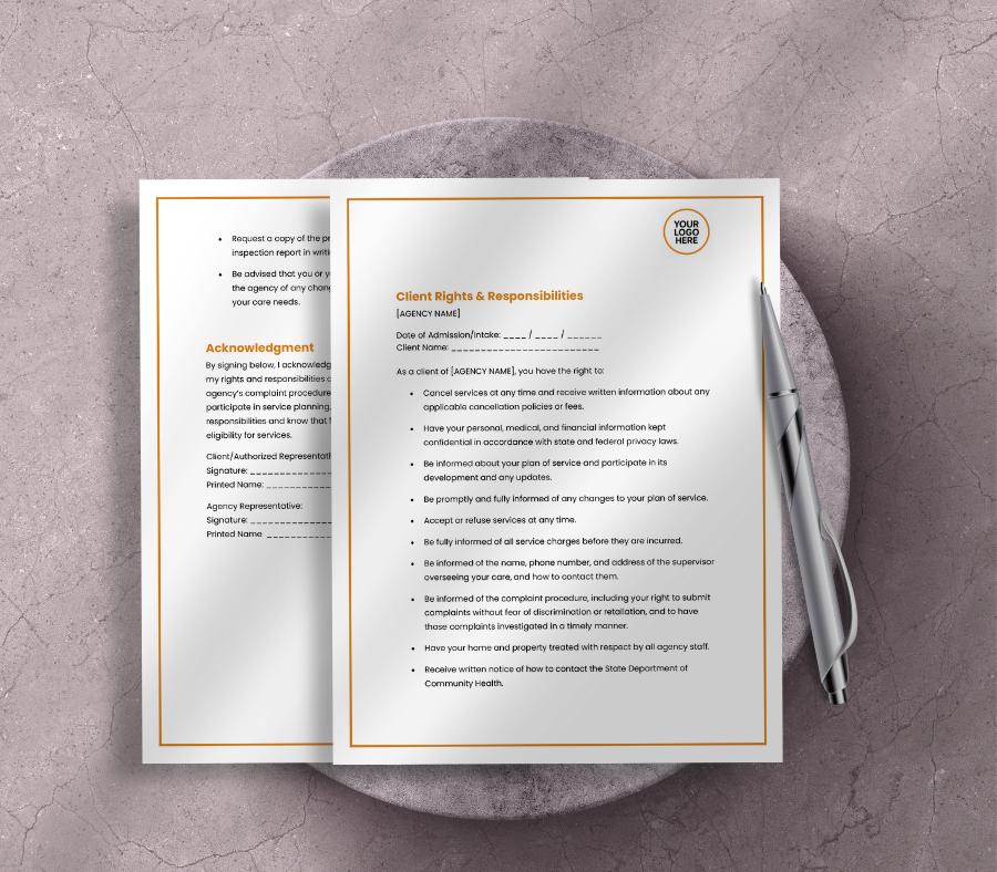Client Rights and Responsibilities Form, Editable Home Care Business Template (Digital Download)