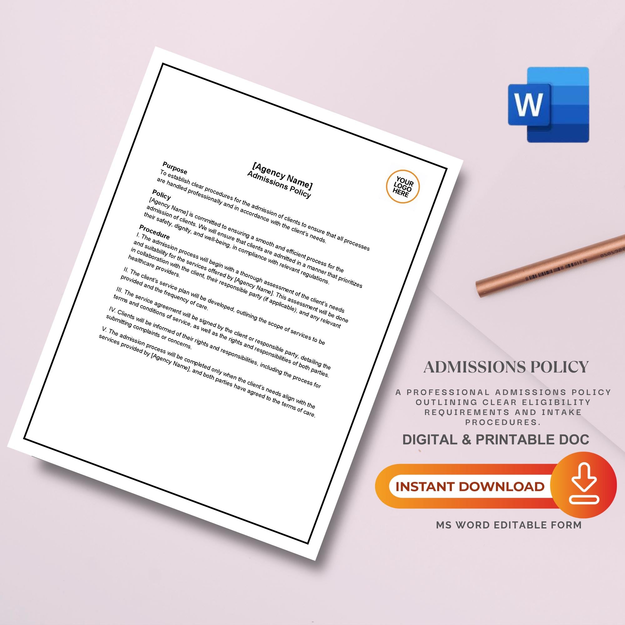 Client Admissions Policy, Home Care Admission Template, Editable Agency Compliance Form