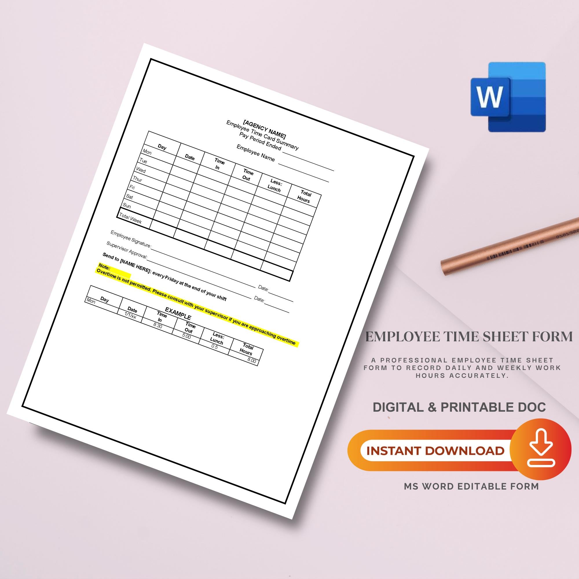 Employee Time Sheet Form, Home Care Staff Hours Template, Editable Work Log