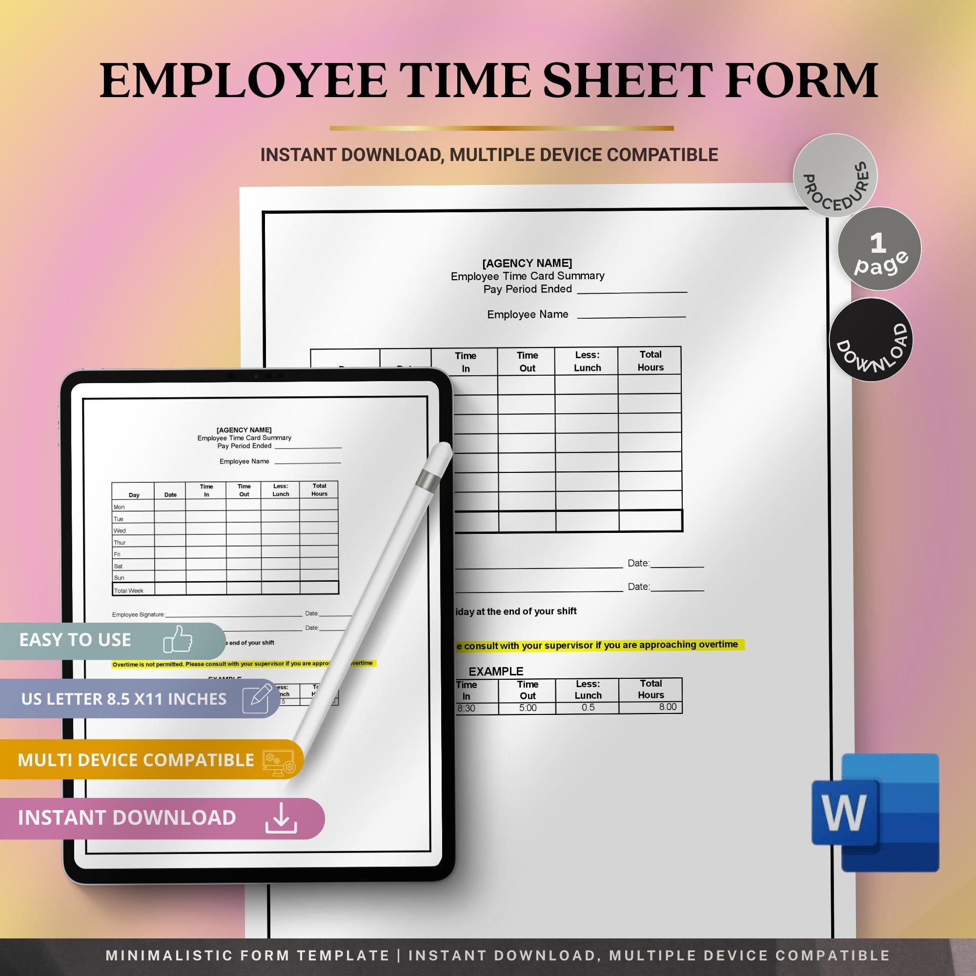 Employee Time Sheet Form, Home Care Staff Hours Template, Editable Work Log