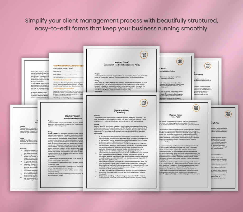 Policies and Procedures, Editable  Non-Medical Home Health Agency Templates PDF DOCX