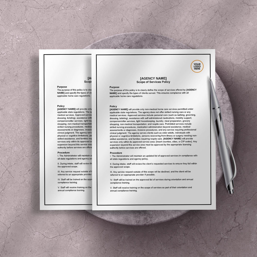 Scope of Services Policy, Editable Home Care Policy Template, Agency Compliance Form