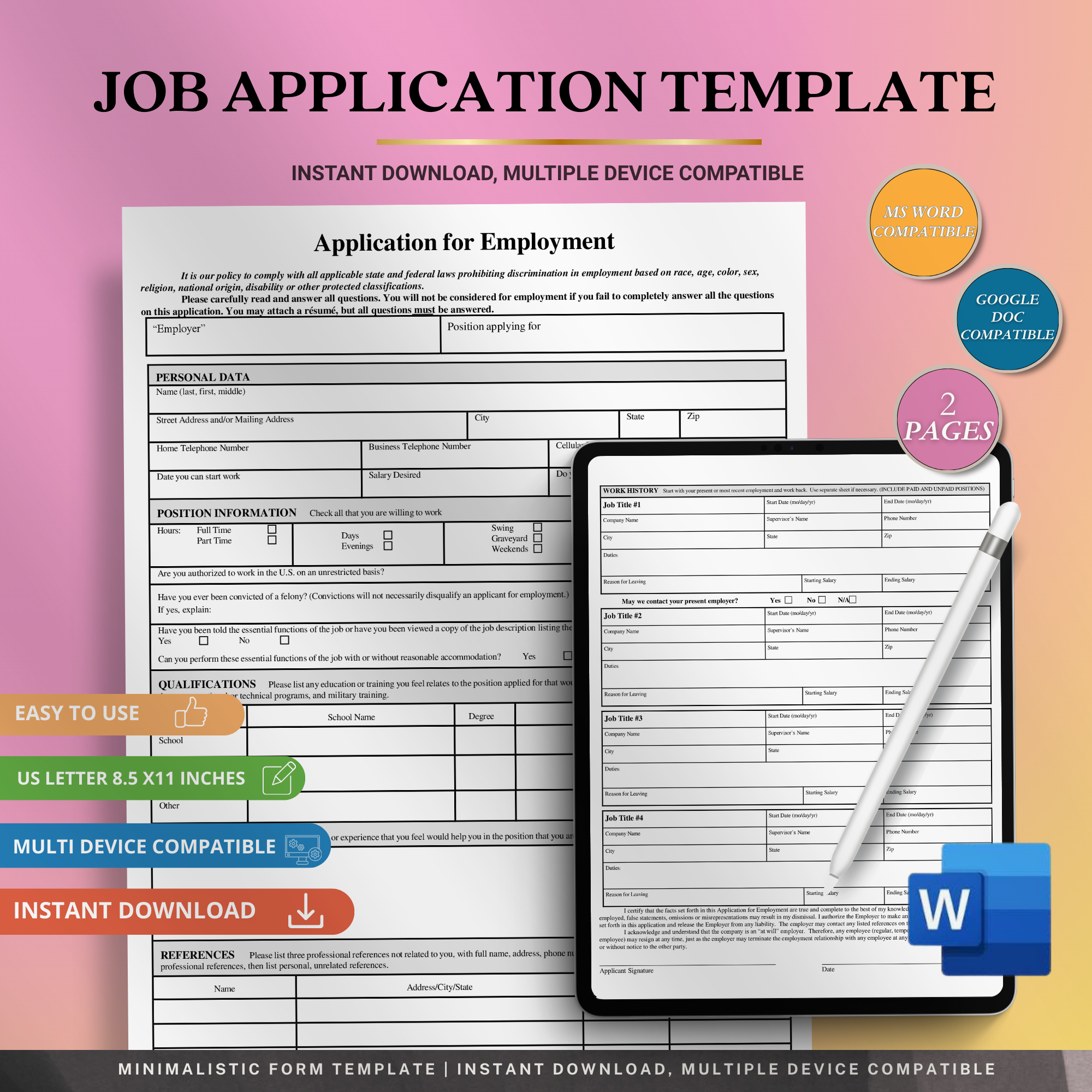 Job Application Template | Editable Microsoft Word Document for Employers