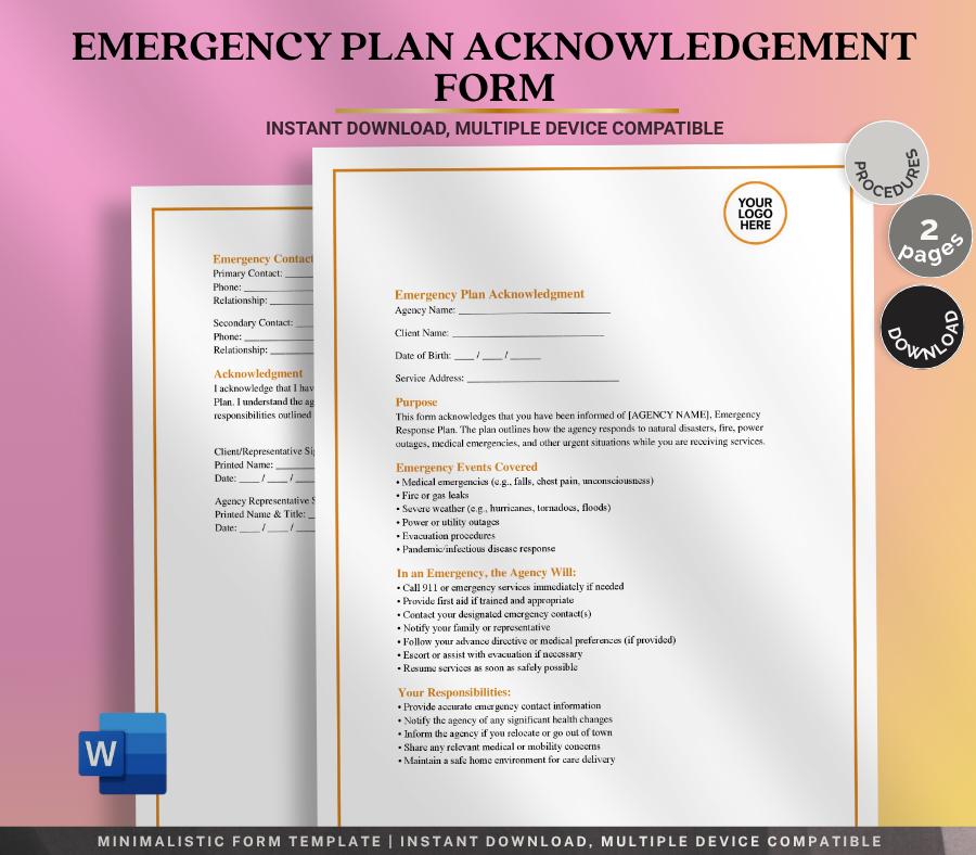 Emergency Plan Acknowledgement Form, Editable Word Safety Policy Template, Staff & Client Emergency Procedure Confirmation