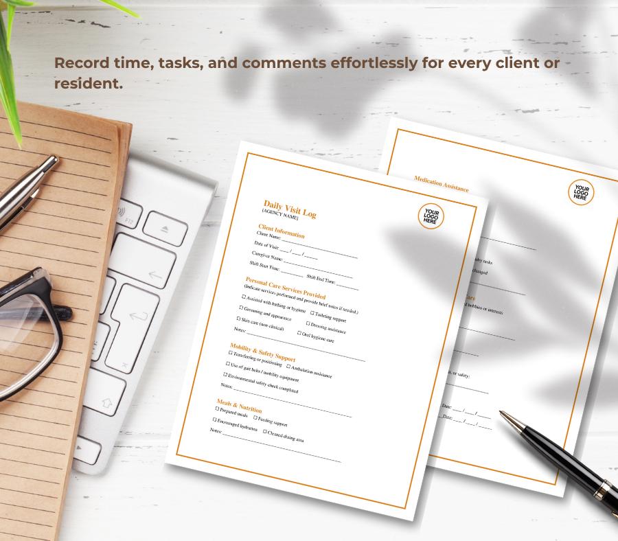 Daily Visit Log Template, Caregiver Record Sheet (PDF) Editable, Home Care Agency Forms