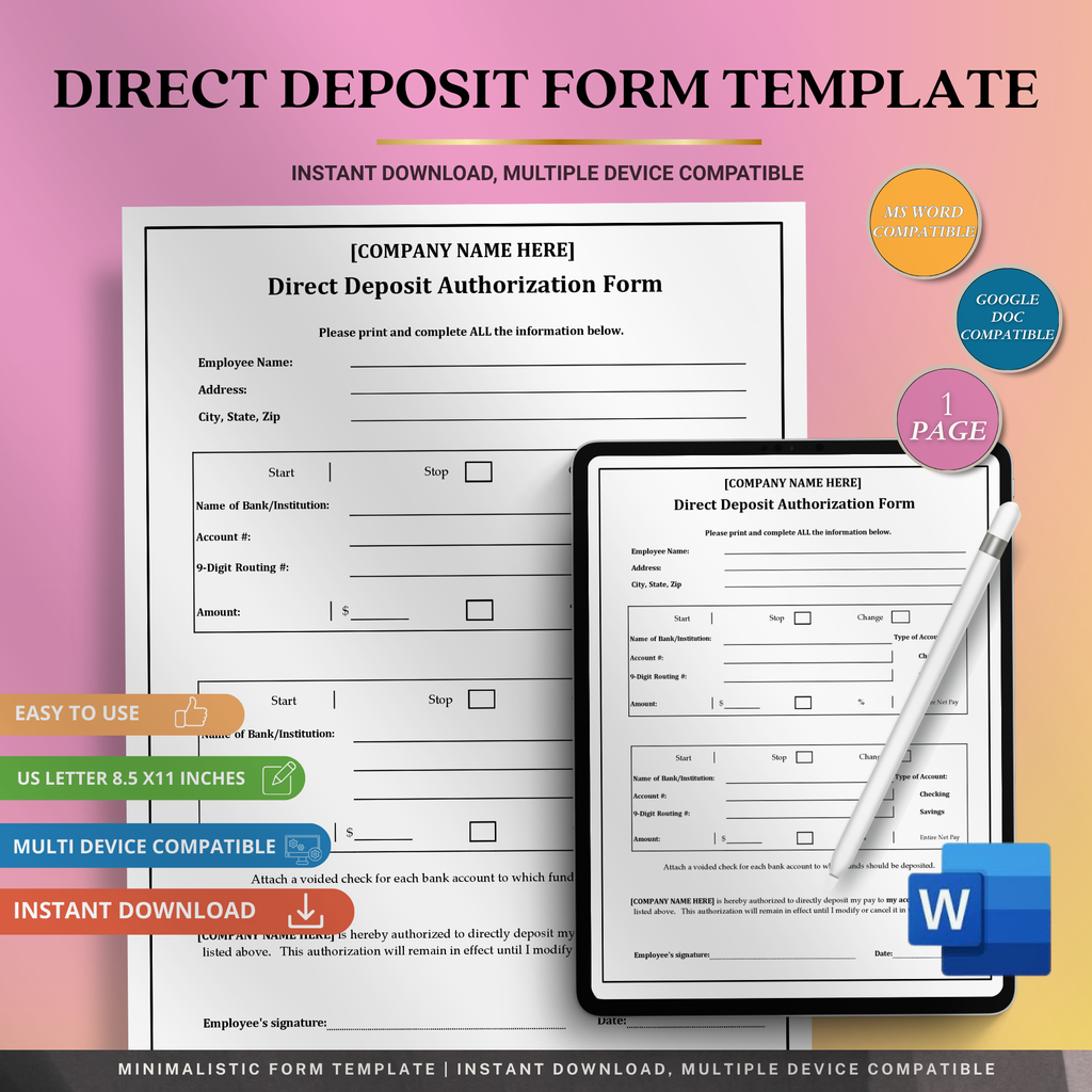 Direct Deposit Form Template | Editable Microsoft Word Document for Payroll