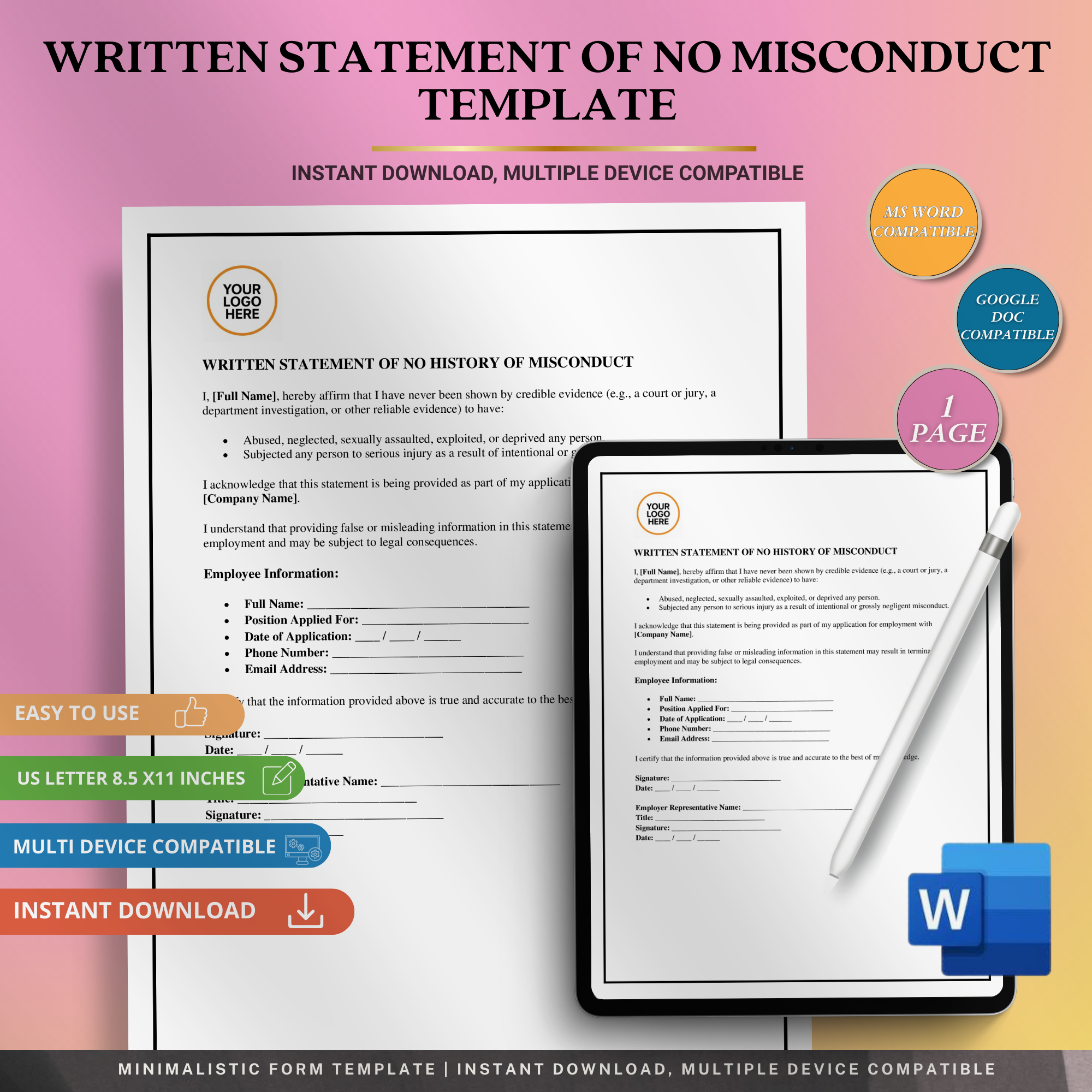Written Statement of No Misconduct | Editable Microsoft Word Document