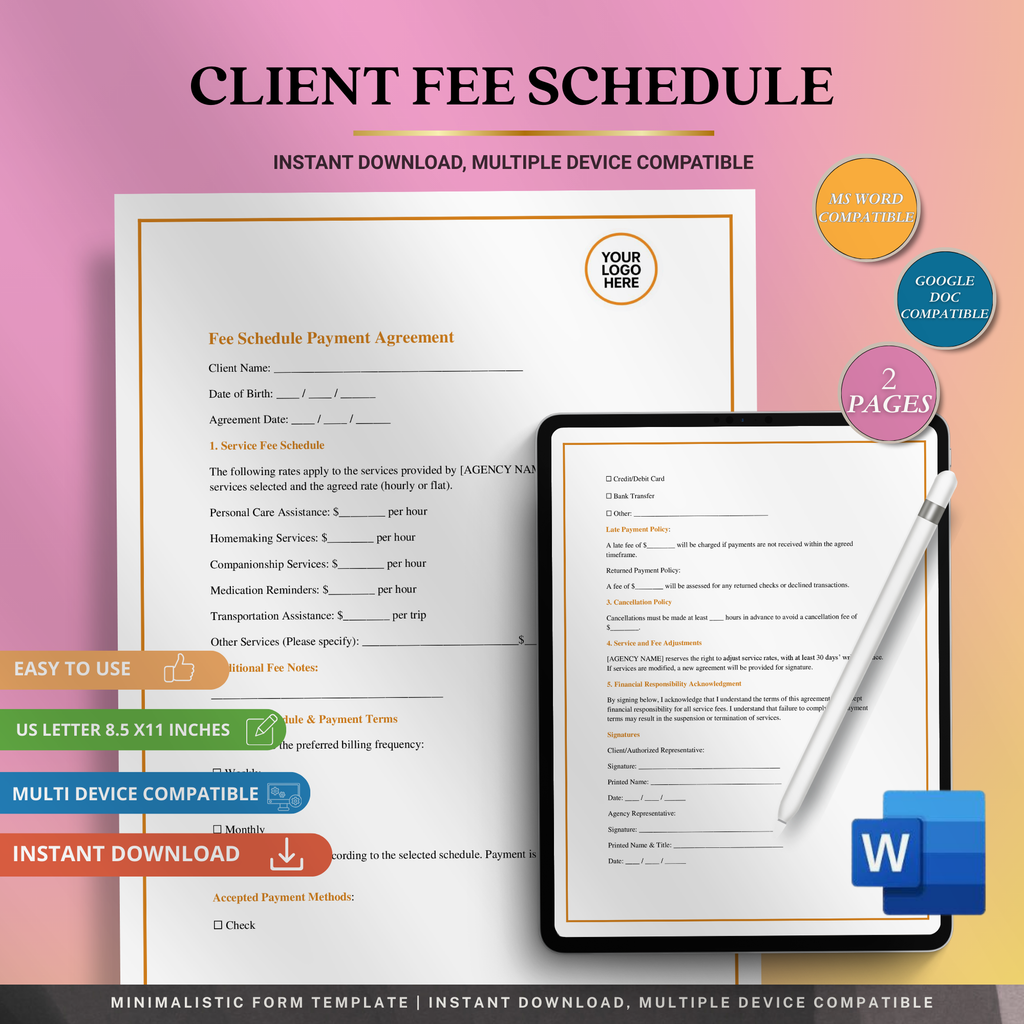 Client Fee Schedule Template | Editable Word Document for Professionals