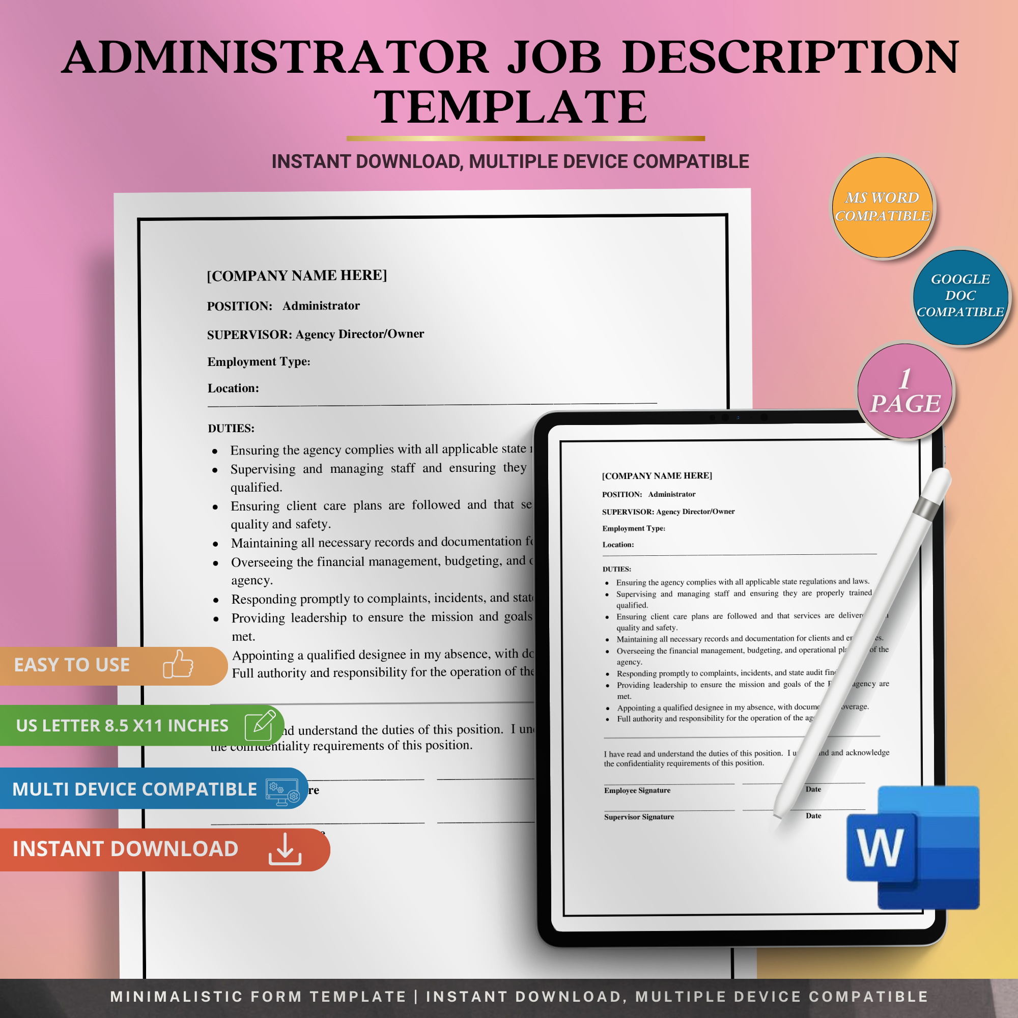 Administrator Job Description Template | Editable Microsoft Word Document