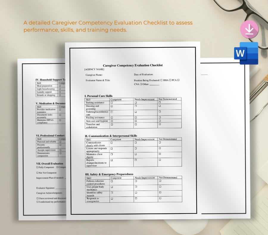 Caregiver Competency Evaluation Form Editable , Home Care Business Template (Digital Download)