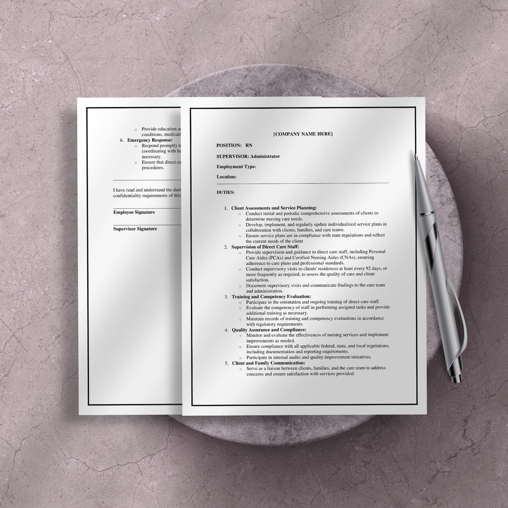 RN Job Description Template, Editable Home Care Staff Role Form, Agency HR Document